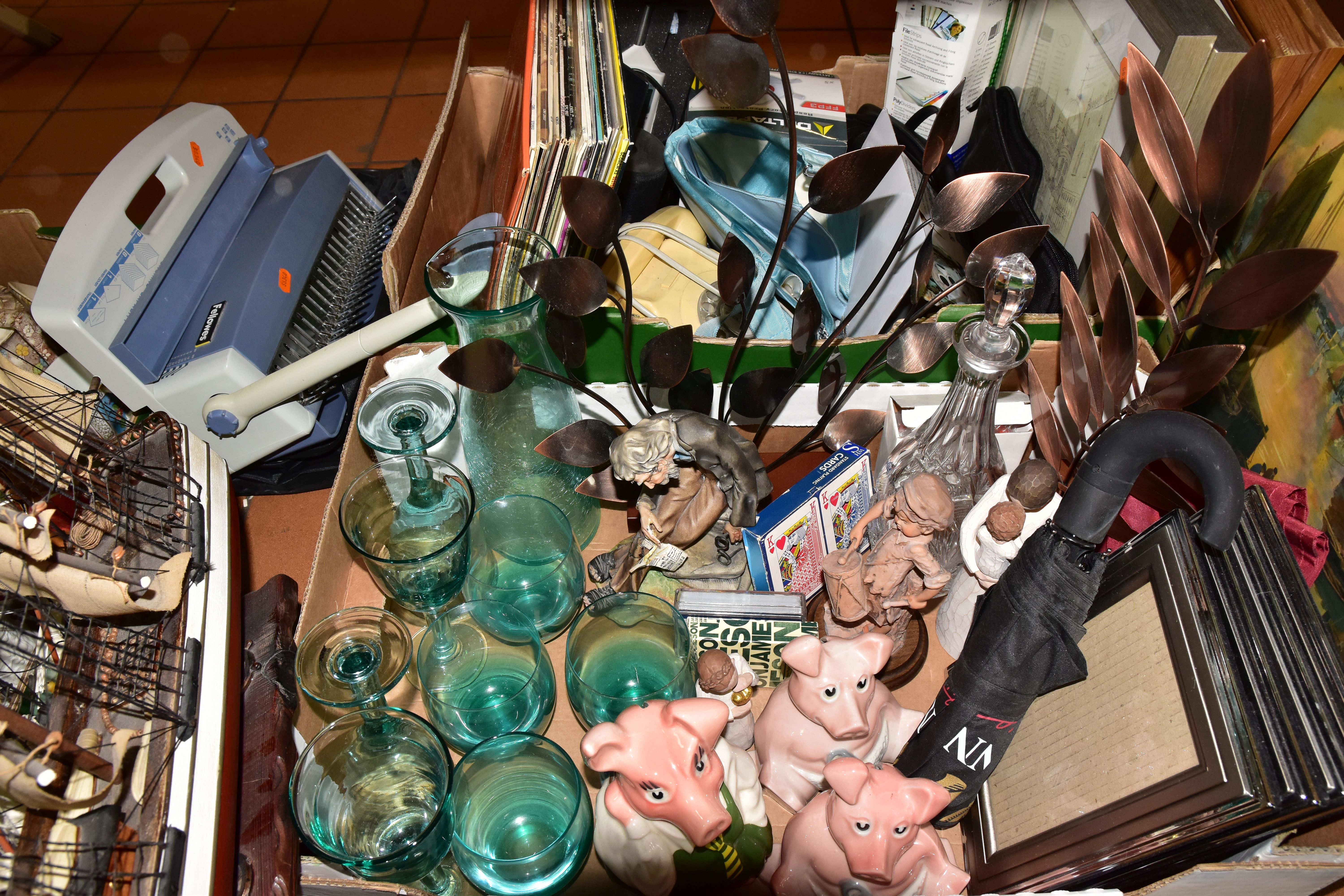 TWO BOXES OF ASSORTED SUNDRIES, to include three Nat West piggies, a cut glass decanter, two - Image 4 of 5