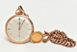 A 9CT GOLD ALBERT CHAIN WITH A 'BENTIMA' POCKET WATCH AND A HALF SOVEREIGN COIN, graduated rose gold