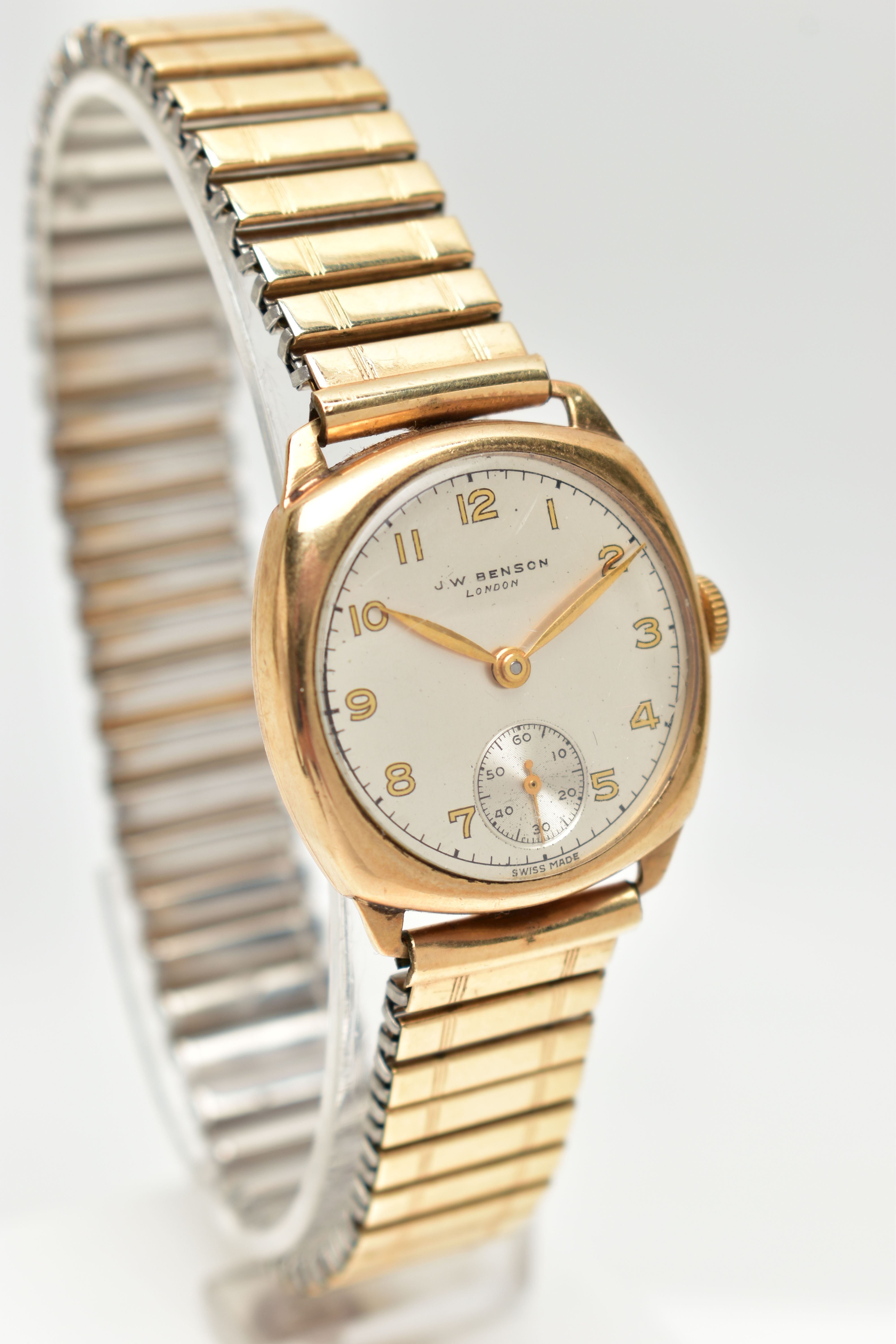 A 9CT GOLD 'J.W.BENSON' WRISTWATCH, manual wind, round silver dial signed 'J.W.Benson, London', - Image 2 of 6