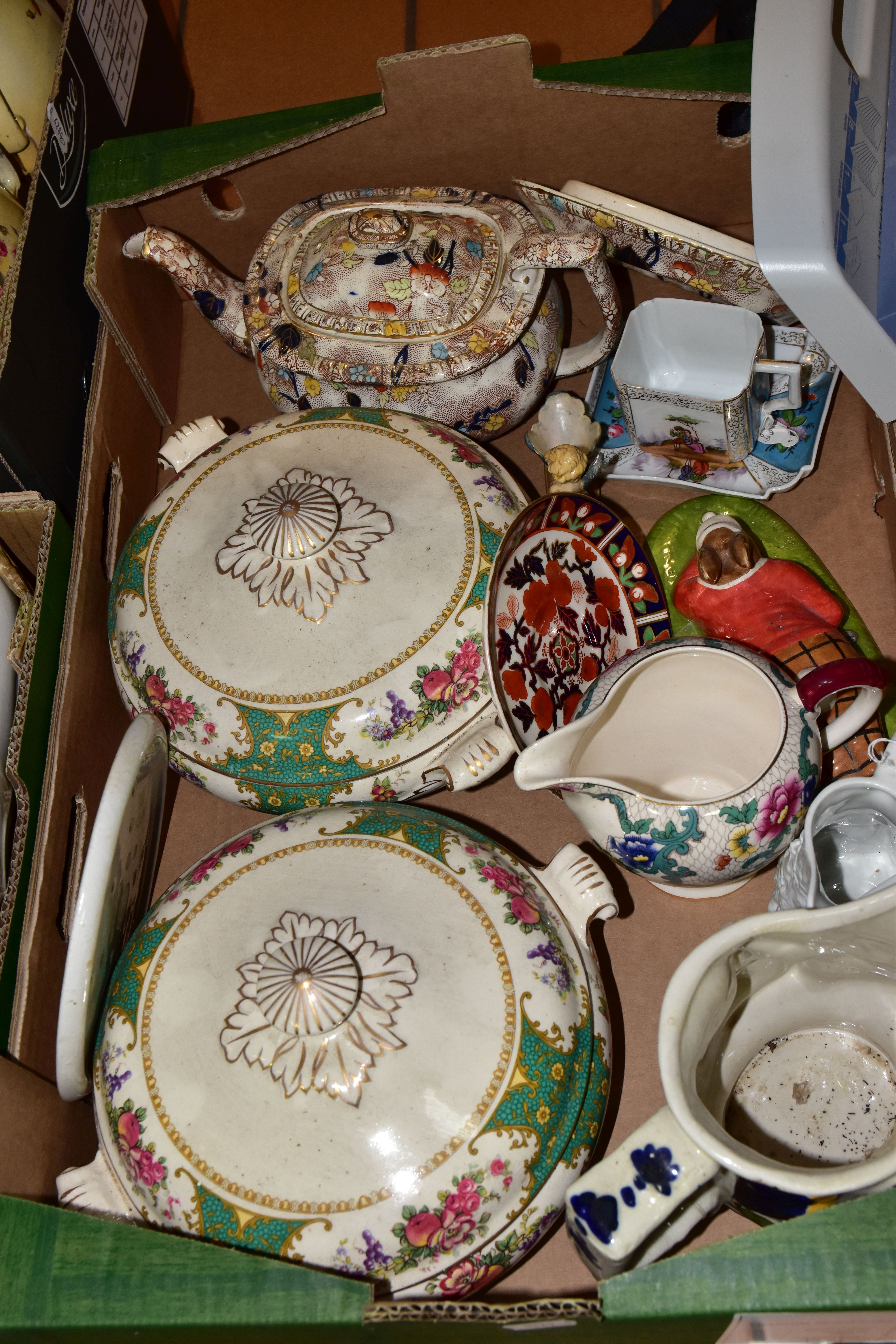 THREE BOXES OF CERAMICS, to include an early 20th Century teapot and stand, a Portmeirion Parian - Image 2 of 4