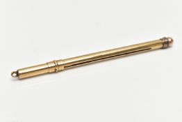 A 9CT GOLD SWIZZEL STICK, polished case, stamped 9ct gold, closed length 80mm, approximate gross