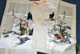 FOUR MODERN CHINESE EMBROIDERED SILK PICTURES, the smallest depicts two parrots perched upon a