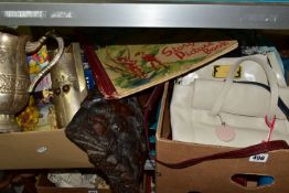 TWO BOXES OF ASSORTED SUNDRIES, a collection of ladies handbags to include a beige Radley handbag,