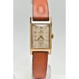 A 9CT GOLD 'RECORD' WRISTWATCH, manual wind, rectangular silver dial signed 'Record', gold Arabic