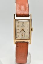 A 9CT GOLD 'RECORD' WRISTWATCH, manual wind, rectangular silver dial signed 'Record', gold Arabic