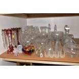 A GROUP OF CUT CRYSTAL AND OTHER GLASSWARES, to include a pair of red cut to clear lustres, three