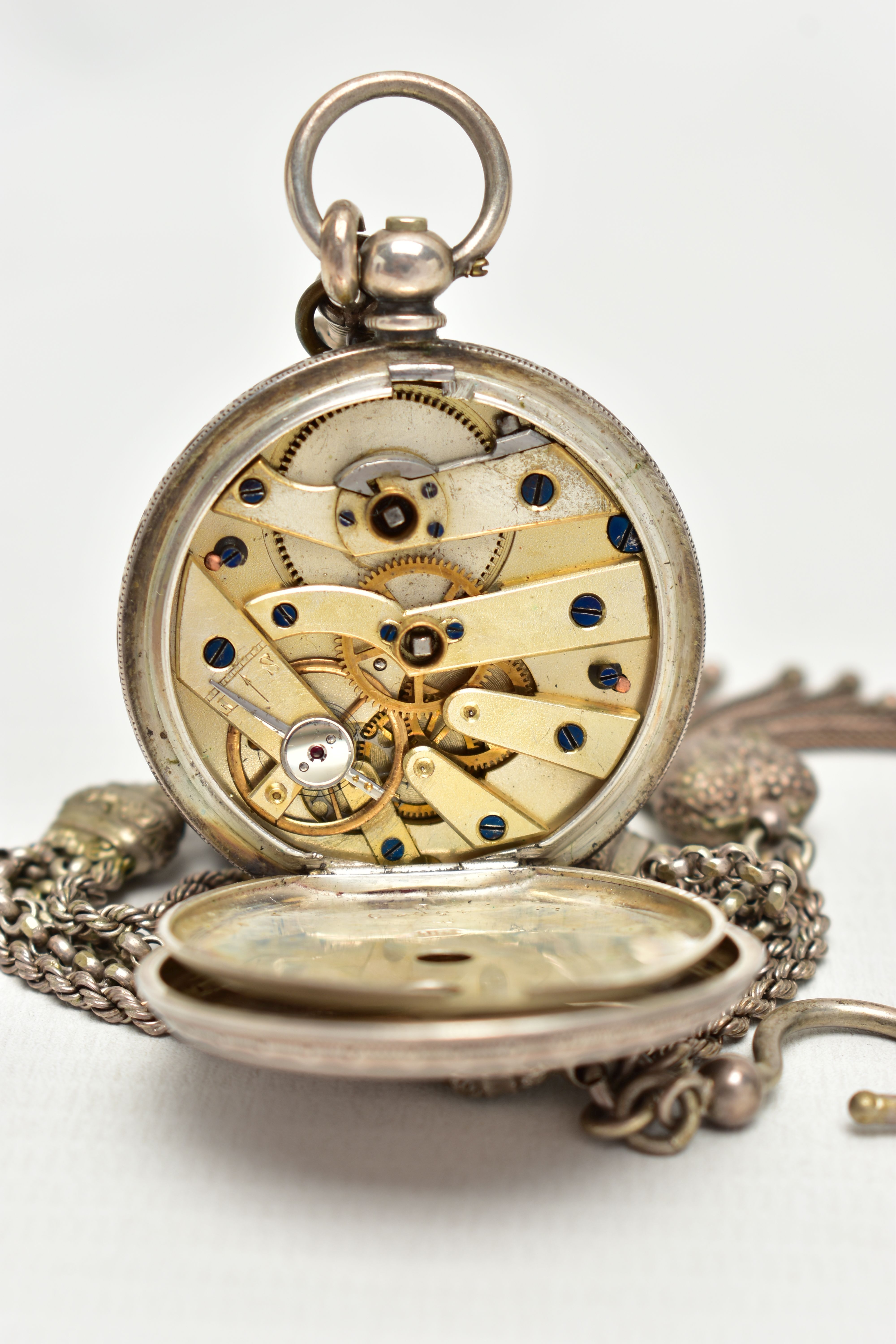 A LADY'S SILVER OPEN FACE POCKET WATCH WITH ALBERTINA, key wound pocket watch, round white dial with - Image 4 of 4