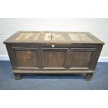 A GEORGIAN PANELLED OAK COFFER, width 141cm x depth 59cm x height 76cm (condition:-distressed and
