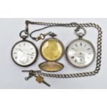 TWO SILVER OPEN FACE POCKET WATCHES, AN ALBERT CHAIN AND A SILVER POCKET WATCH CASE, the first a key