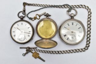 TWO SILVER OPEN FACE POCKET WATCHES, AN ALBERT CHAIN AND A SILVER POCKET WATCH CASE, the first a key