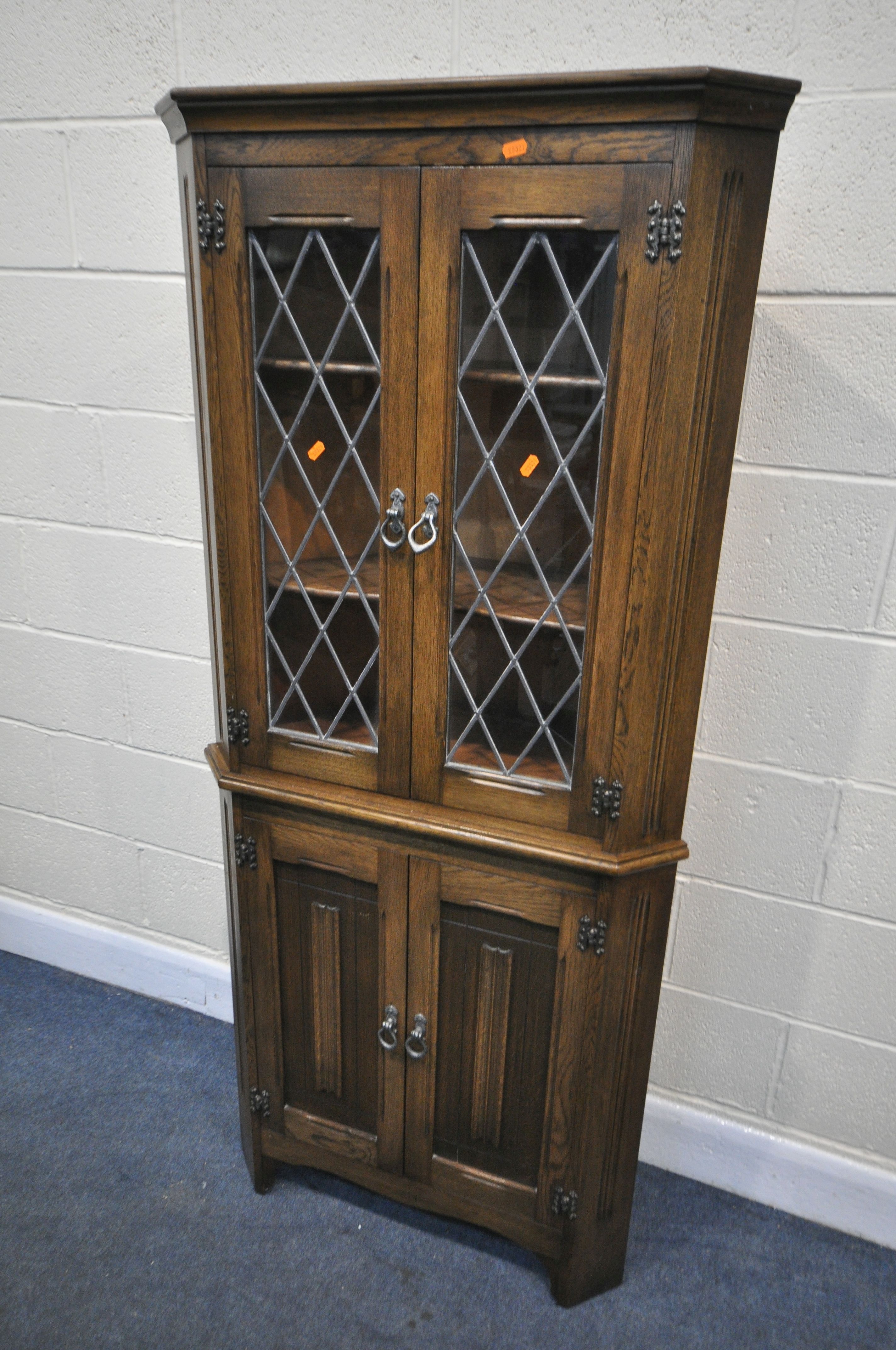 AN OLD CHARM OAK TWO DOOR LEAD GLAZED DISPLAY CABINET, with three glass shelves, width 61cm x - Image 3 of 5