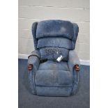 A CELEBRITY BLUE UPHOLSTERED RISE AND RECLINE ARMCHAIR (condition - dirty, PAT fail due to exposed