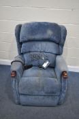 A CELEBRITY BLUE UPHOLSTERED RISE AND RECLINE ARMCHAIR (condition - dirty, PAT fail due to exposed