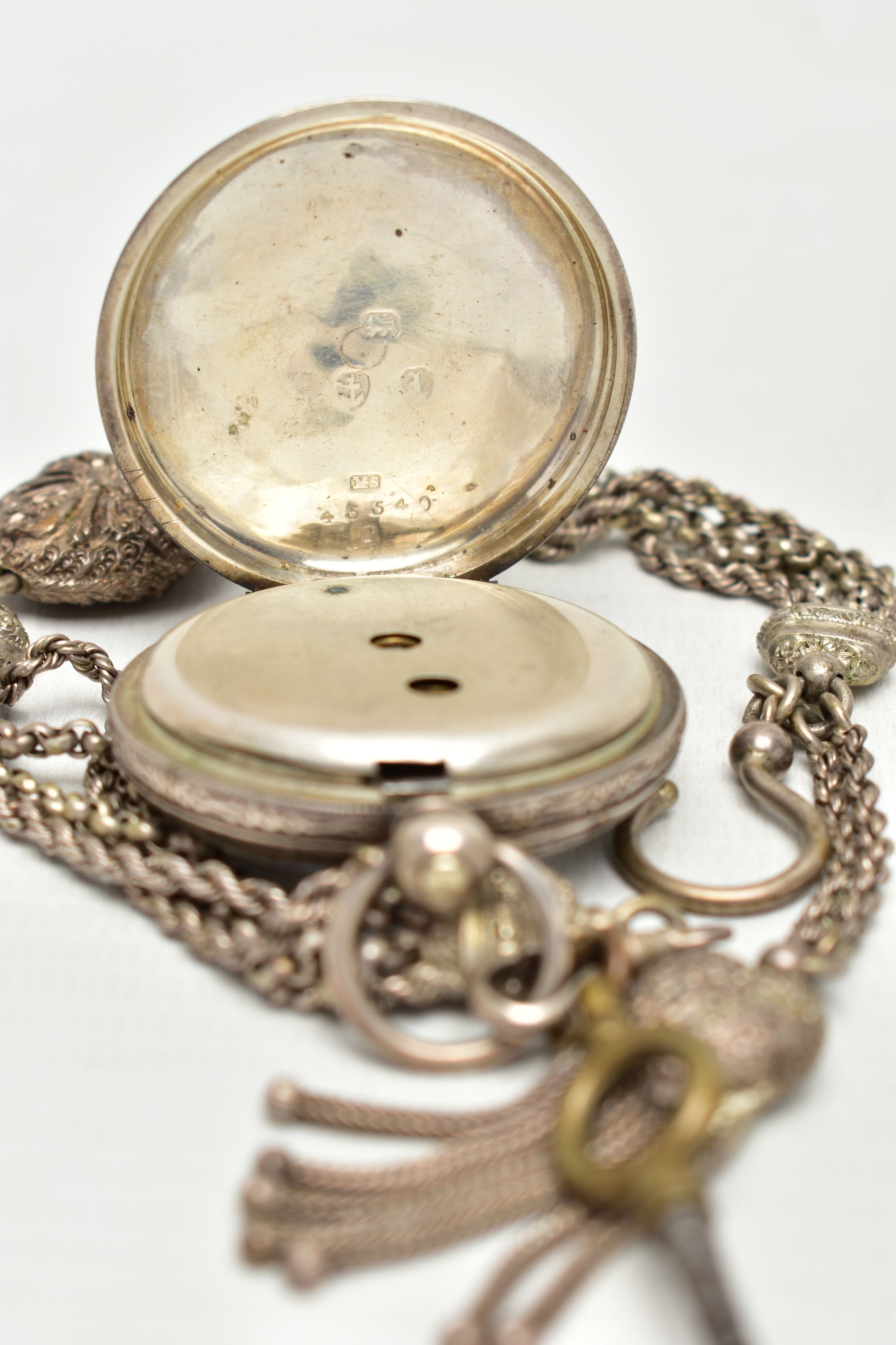 A LADY'S SILVER OPEN FACE POCKET WATCH WITH ALBERTINA, key wound pocket watch, round white dial with - Image 3 of 4