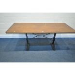A VINTAGE RECTANGULAR CAST IRON TABLE, with a later wooden top, length 168cm x depth 77cm x height