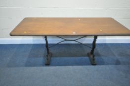 A VINTAGE RECTANGULAR CAST IRON TABLE, with a later wooden top, length 168cm x depth 77cm x height