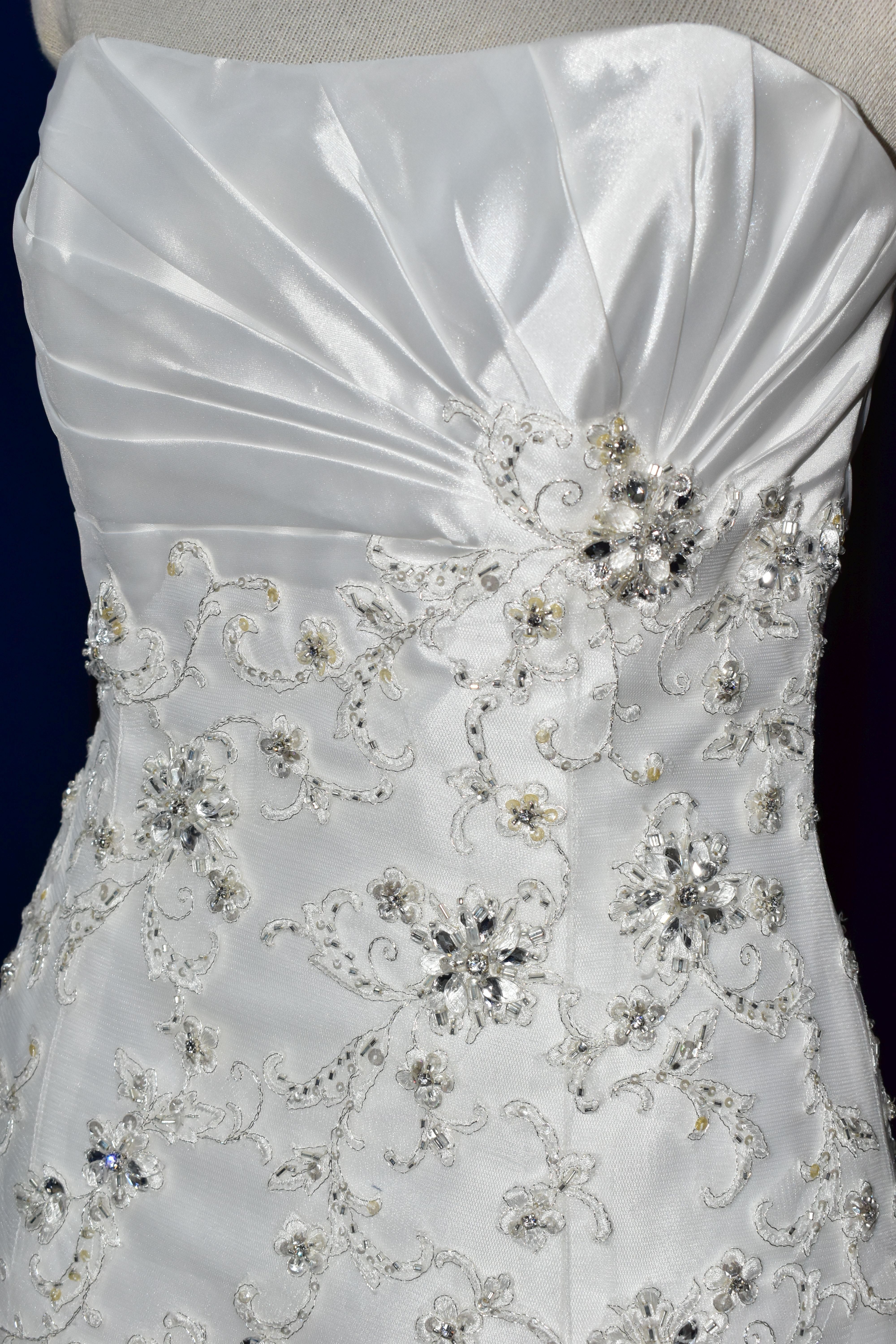 WEDDING GOWN, 'Sophia Tolli' white satin, size 8, strapless, ruched skirt, beaded detail on - Image 4 of 17