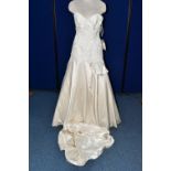 WEDDING DRESS, 'David Tutera' champagne, size 6, satin, strapless, beaded appliques (1)