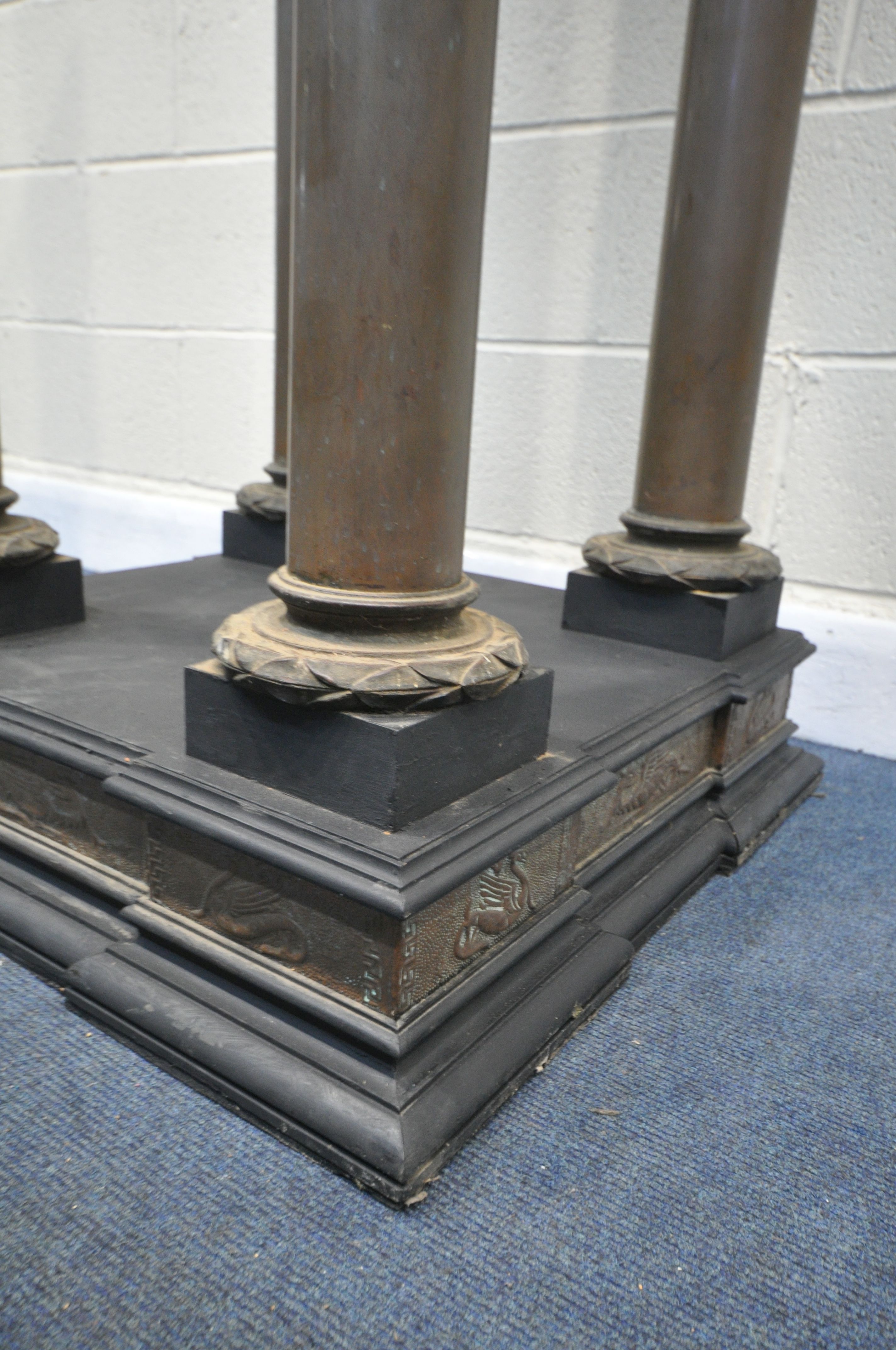 AN 19TH CENTURY FRENCH COLUMN PEDESTAL, with later ebonised wood, embossed brass work panels, on - Image 6 of 8