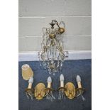 A FRENCH BRASS CEILING LIGHT, with glass droppers, drop height 79cm, and a pair of heavy French