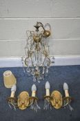A FRENCH BRASS CEILING LIGHT, with glass droppers, drop height 79cm, and a pair of heavy French