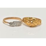 A 9CT GOLD RING AND A DIAMOND RING, the first a yellow gold ring, textured and peirced with a floral