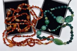 TWO STATEMENT SEMI-PRECIOUS GEMSTONE BEAD NECKLACES, the first a triple row of vari cut carnelian