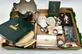 A BOX OF ASSORTED ITEMS, to include a large boxed 'Highgrove' candle in a silver plate bowl, a small