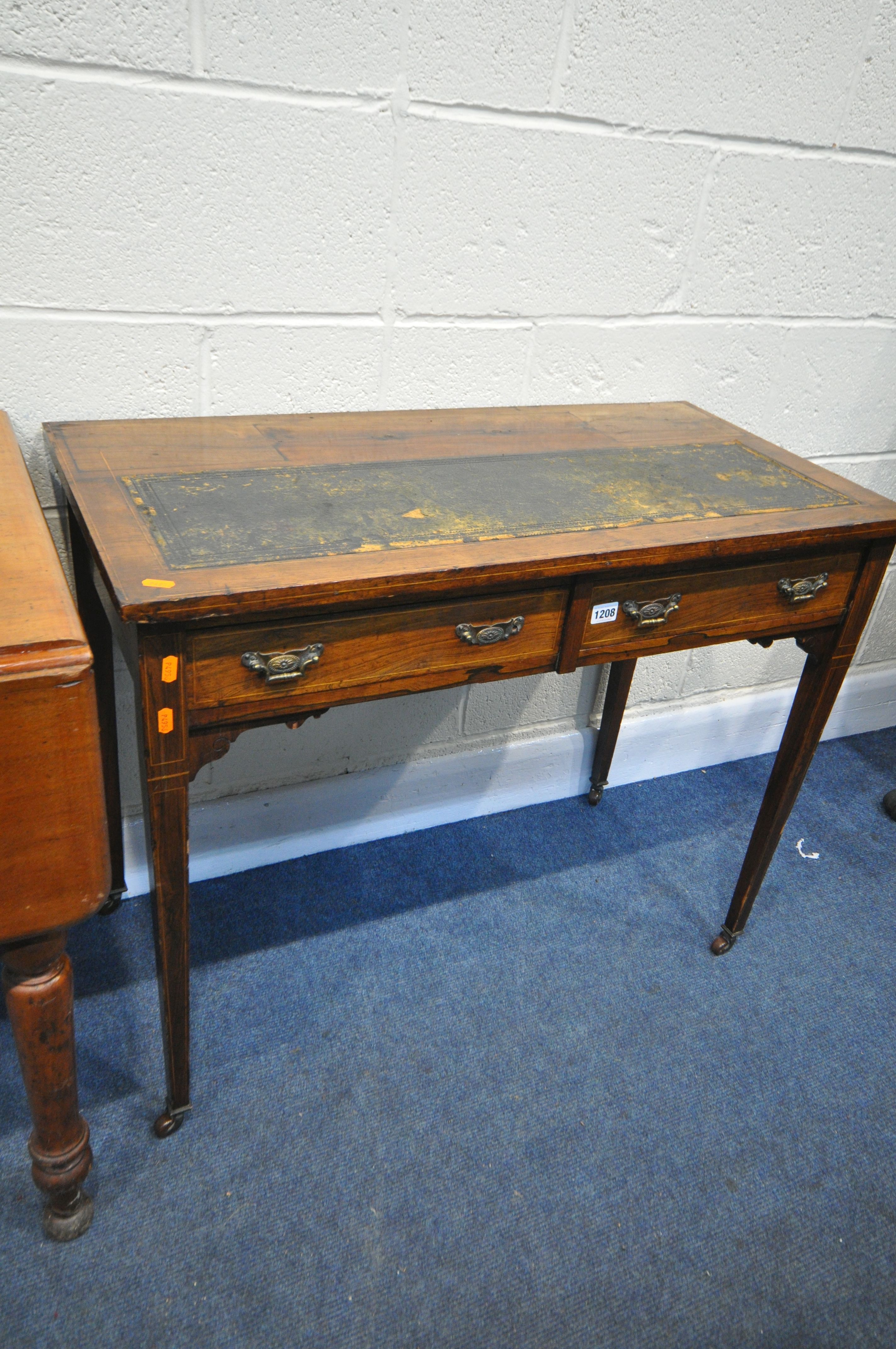 A LATE 19TH CENTURY ROSEWOOD DESK/DRESSING TABLE, with two drawers, on square tapered legs, width - Image 3 of 3