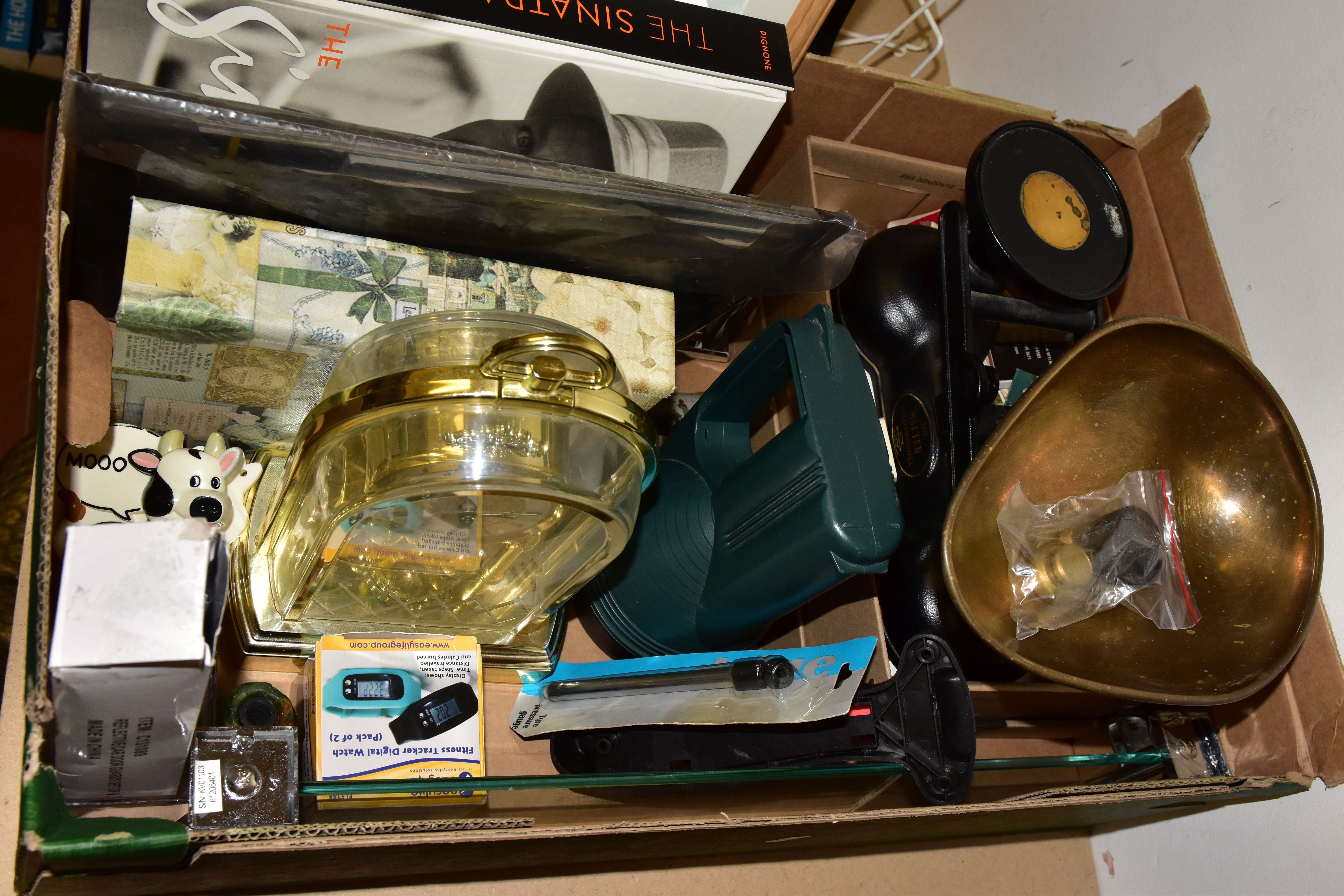 ONE BOX OF SUNDRIES to include a set of Salter scales, a battery powered mantle clock, a glass