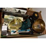 ONE BOX OF SUNDRIES to include a set of Salter scales, a battery powered mantle clock, a glass