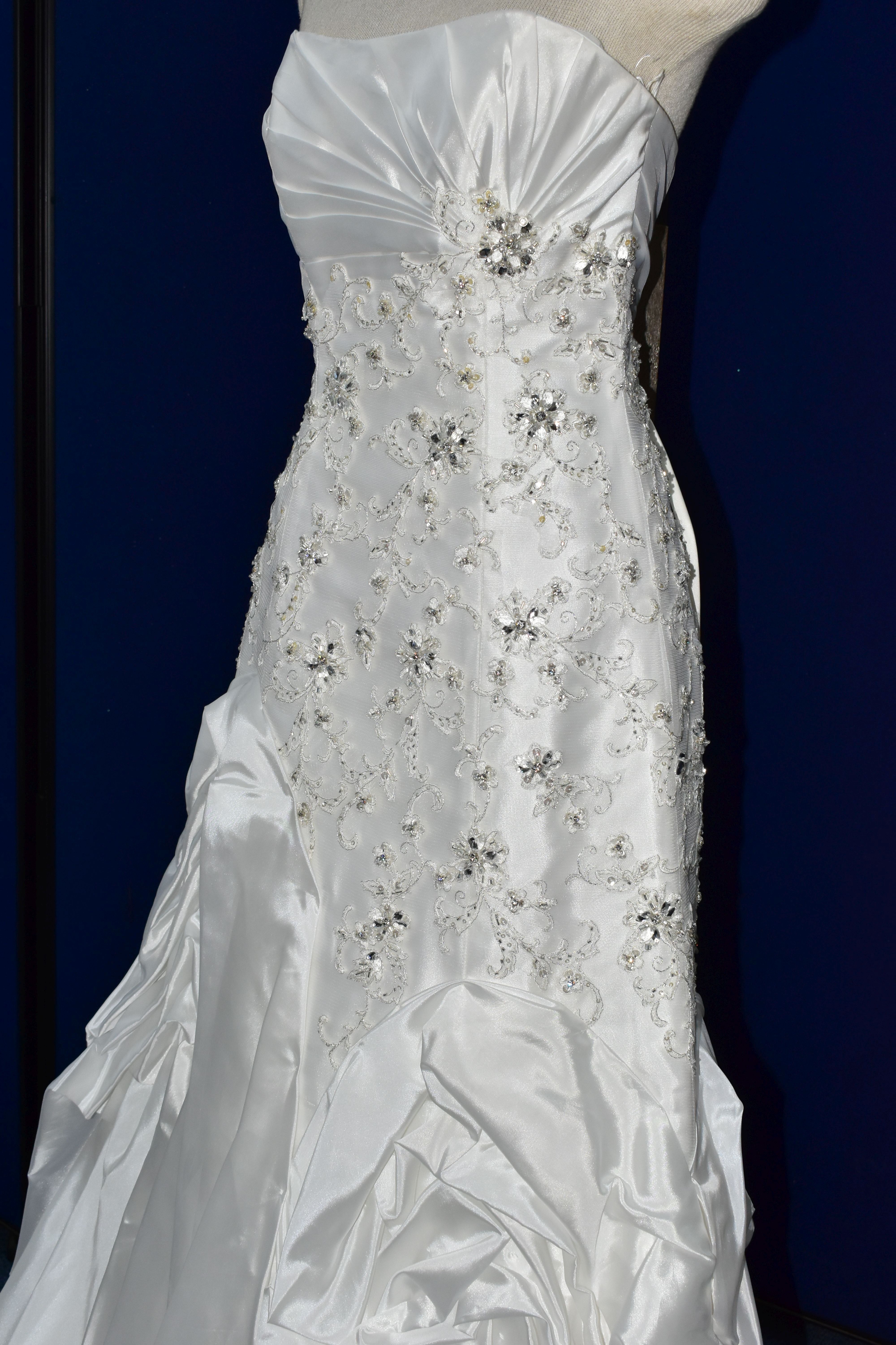 WEDDING GOWN, 'Sophia Tolli' white satin, size 8, strapless, ruched skirt, beaded detail on - Image 9 of 17