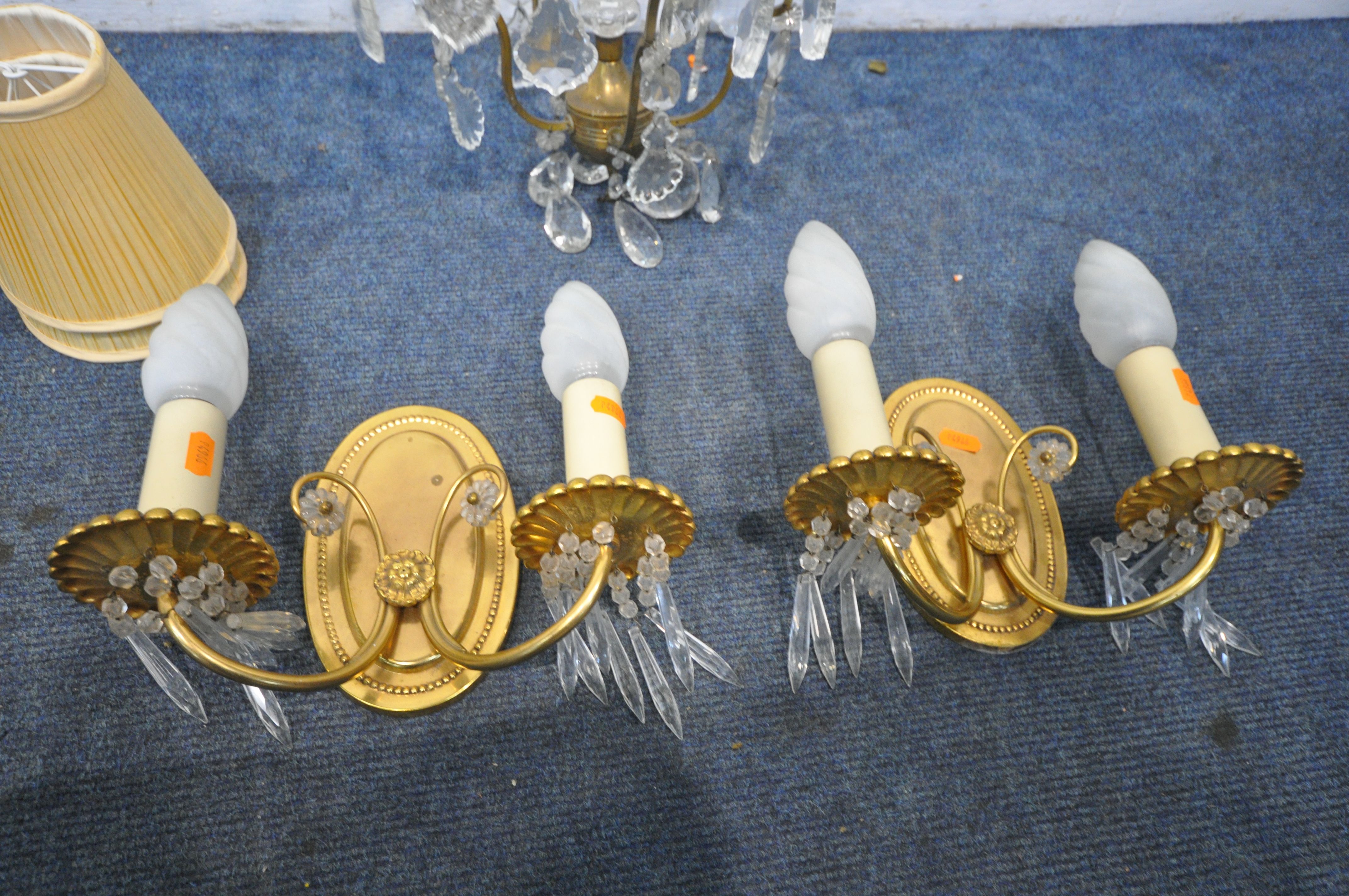 A FRENCH BRASS CEILING LIGHT, with glass droppers, drop height 79cm, and a pair of heavy French - Image 3 of 3