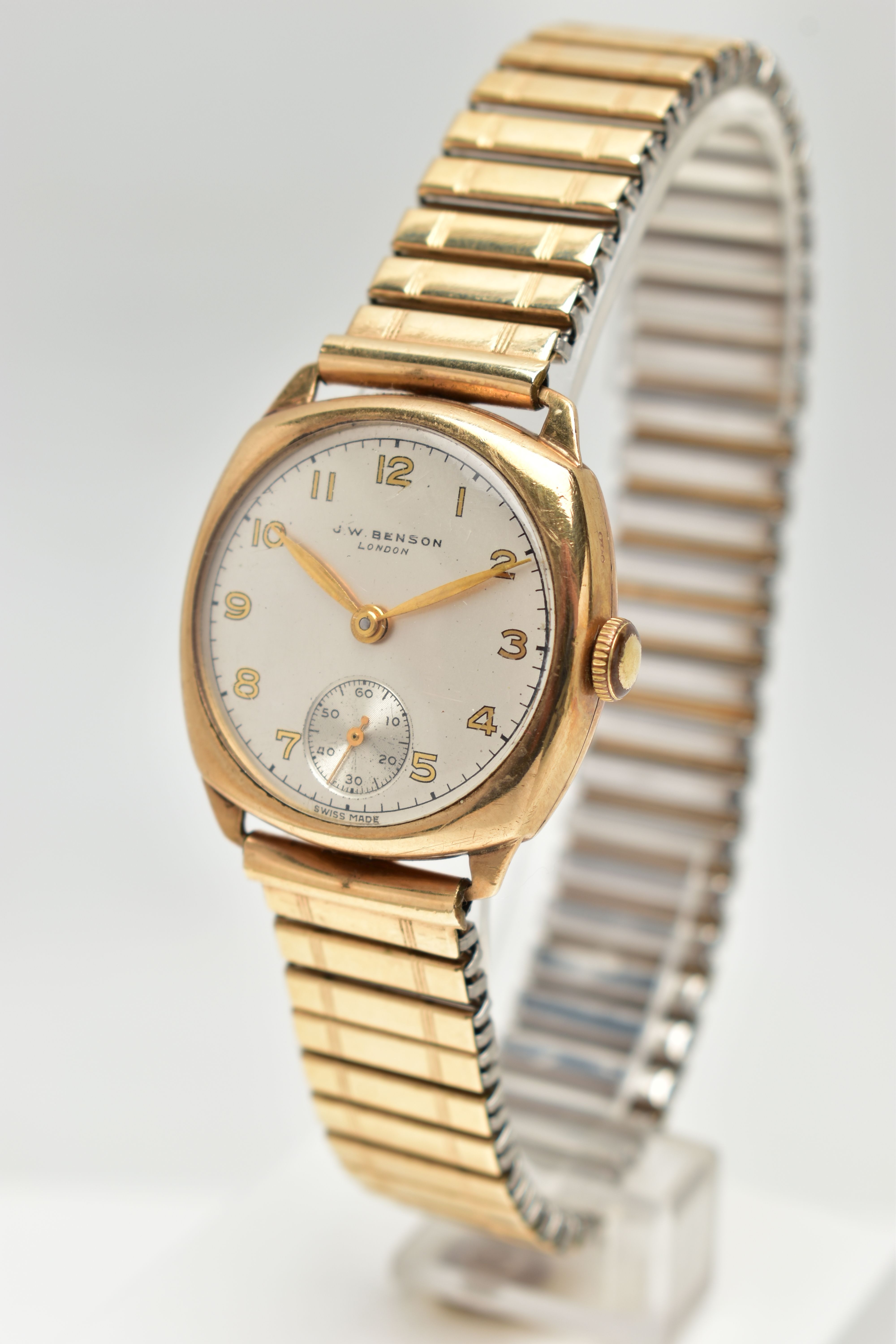 A 9CT GOLD 'J.W.BENSON' WRISTWATCH, manual wind, round silver dial signed 'J.W.Benson, London', - Image 3 of 6