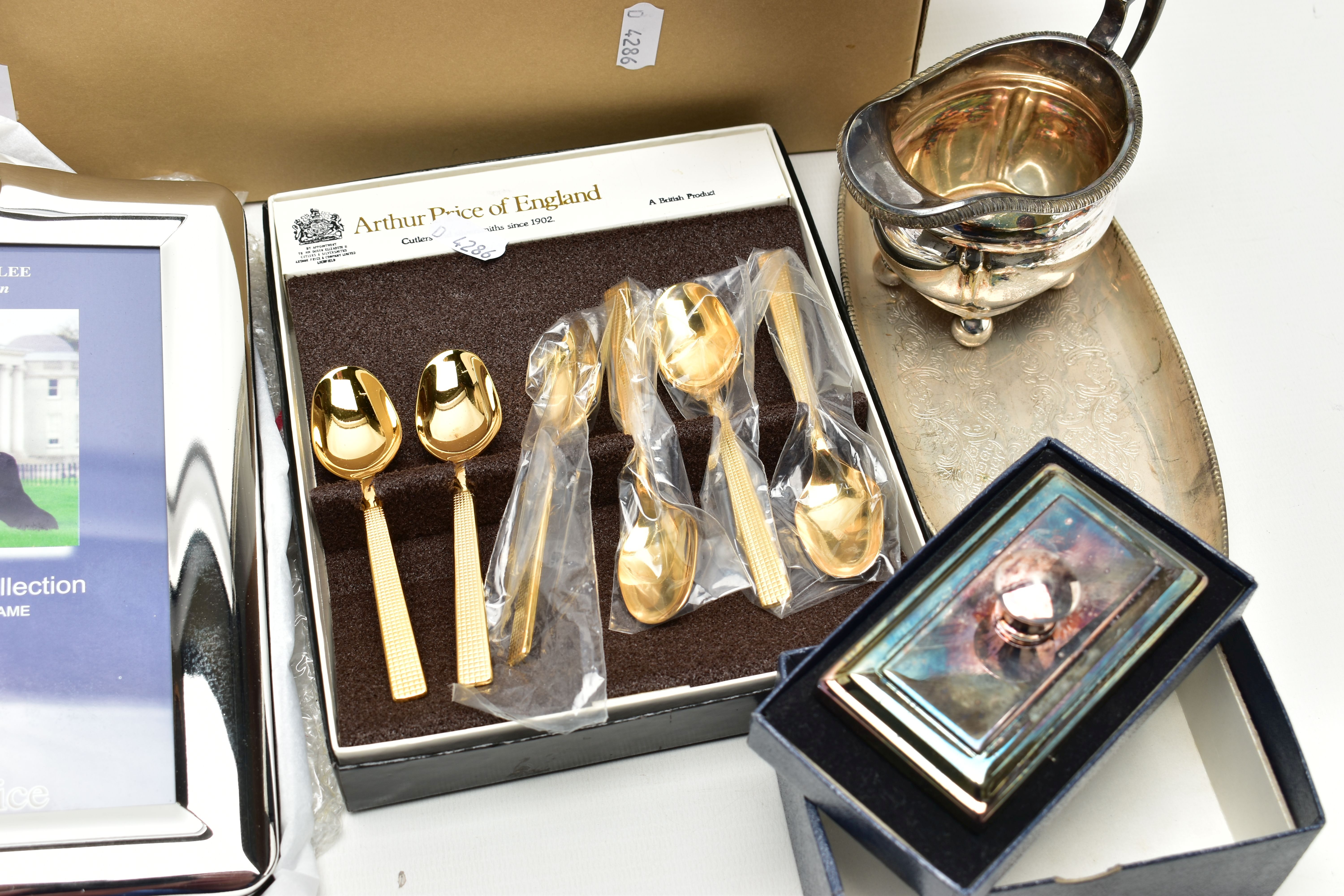 A BOX OF ASSORTED WHITE METAL WARE, to include a boxed 'Arthur Price', silver plated photo frame, - Image 3 of 5