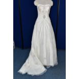 WEDDING GOWN, white strapless gown with pink and pewter beaded appliques, approximate size 10/12 (
