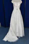 WEDDING GOWN, white strapless gown with pink and pewter beaded appliques, approximate size 10/12 (