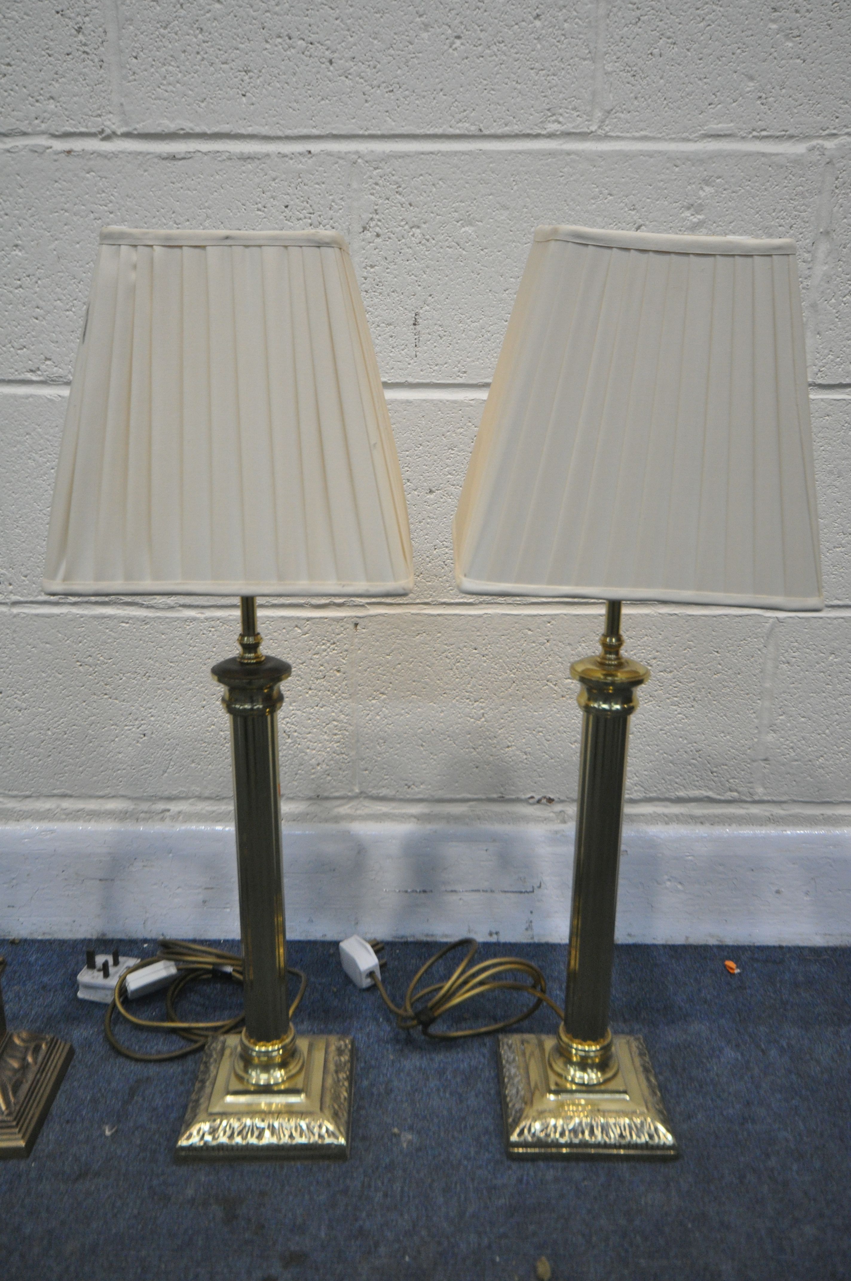 A PAIR OF 20TH CENTURY BRASS COLUMN TABLE LAMP, with fabric shades, and a Laura Ashley Corinthian - Image 2 of 2
