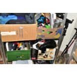 FOUR BOXES AND LOOSE POWER TOOLS, OUTDOORS EQUIPMENT, KITCHEN APPLIANCES AND SUNDRY ITEMS to include