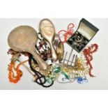 A BAG OF ASSORTED JEWELLERY AND ITEMS, to include a silver belt and buckle hinged bangle,