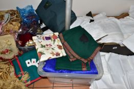 FIVE BOXES OF HOUSEHOLD LINENS, to include a quantity of patterned, crocheted and embroidered