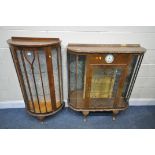 AN EARLY 20TH CENTURY WALNUT DEMI LUNE SINGLE DOOR CHINA CABINET, width 64cm x depth 34cm x height