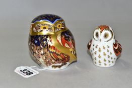 TWO ROYAL CROWN DERBY OWL PAPERWEIGHTS, comprising a Little Owl, with gold stopper, red printed