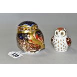 TWO ROYAL CROWN DERBY OWL PAPERWEIGHTS, comprising a Little Owl, with gold stopper, red printed