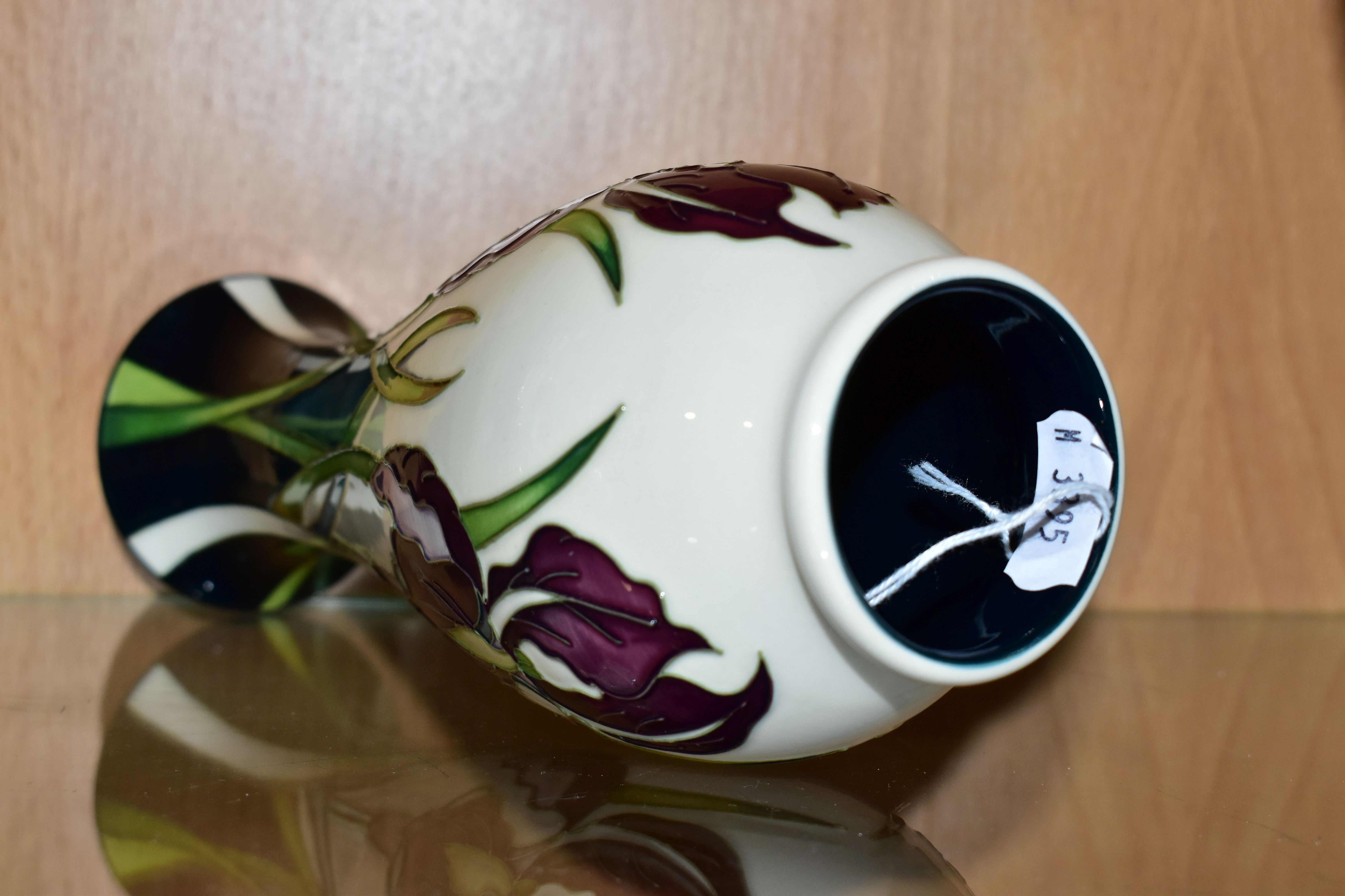 A MOORCROFT POTTERY 'ANTHEIA' VASE, of slender baluster form, decorated with purple irises on a - Image 3 of 4