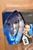 A BOXED MATS JONASSON GLASS SCULPTURE, for Maleras Sweden, Masq sculpture titled 'Blue Fleur',