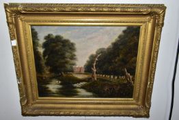 A LATER 19TH CENTURY ENGLISH SCHOOL RIVER LANDSCAPE WITH GRAND HOUSE TO THE DISTANCE, unsigned but