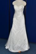 WEDDING DRESS, ivory satin, strapless, beaded appliques, size 10 (1)