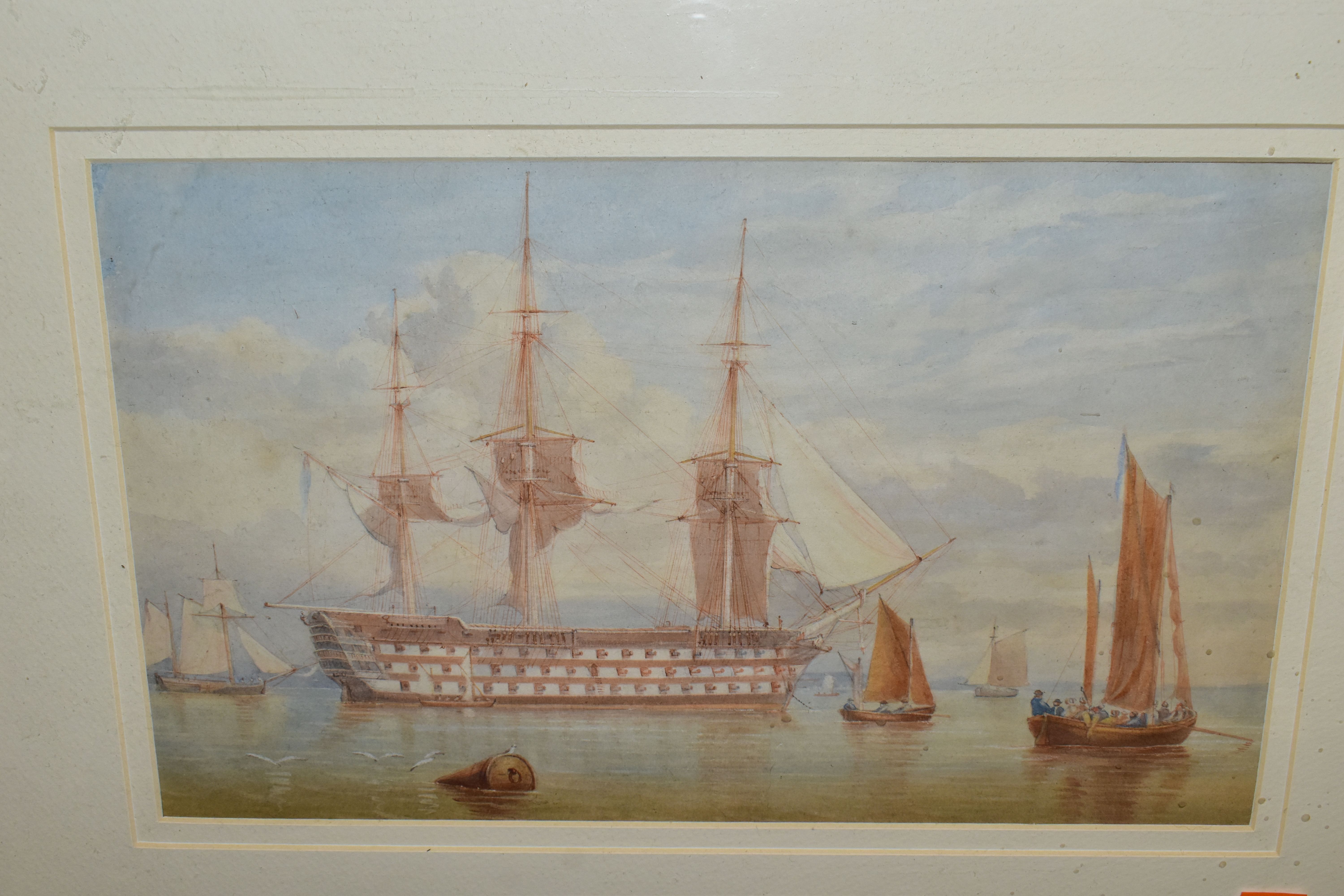 A 19TH CENTURY WATERCOLOUR DEPICTING A THREE DECK SHIP OF THE LINE, the ship is at anchor with - Image 2 of 4