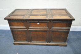 AN OAK PANELLED COFFER, incorporating timbers of the Georgian period, width 120cm x depth 57cm x